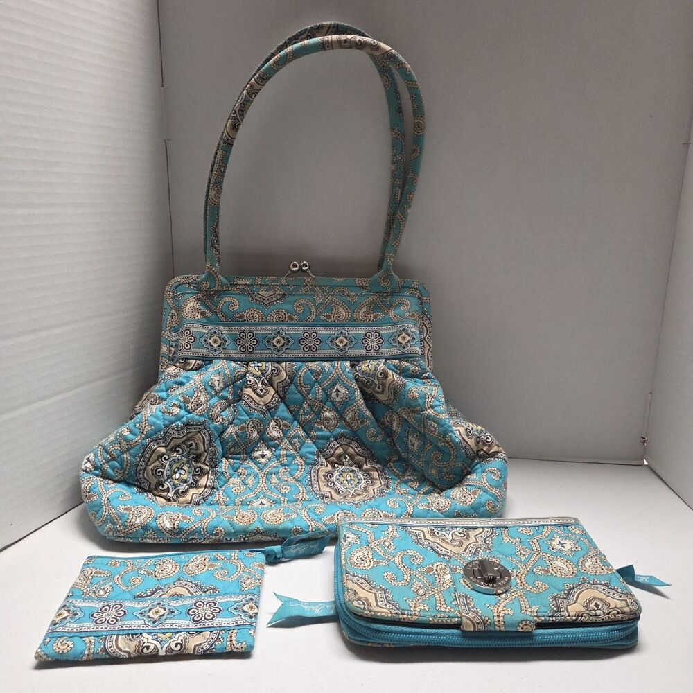 Vera Bradley Totally Turq Eloise Quilted Handbag Wallet And Coin Purse Turquoise